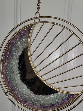 Gold Crescent Moon Geode Wall Decor Mirror - Purple & Green Handmade
